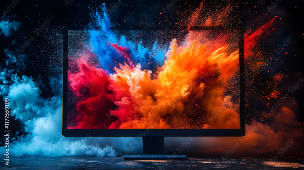 Fototapete vibrant abstract explosion of colors emanating from a computer monitor against a dark background.