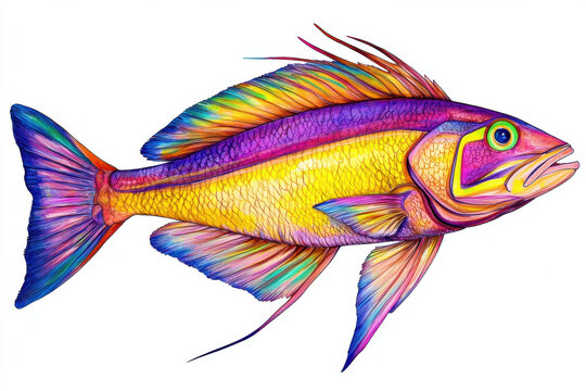 vibrant hand drawn illustration of rainbow wrasse fish with intricate details