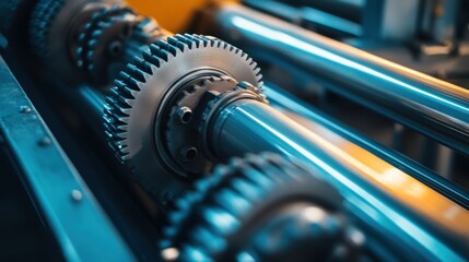 Fototapeta premium Industrial machinery gears rotating, showcasing complex mechanics and precision engineering in a factory setting, highlighted with blue and orange tones