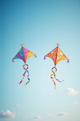 Two colorful kites flying high in a clear sky with playful ribbons