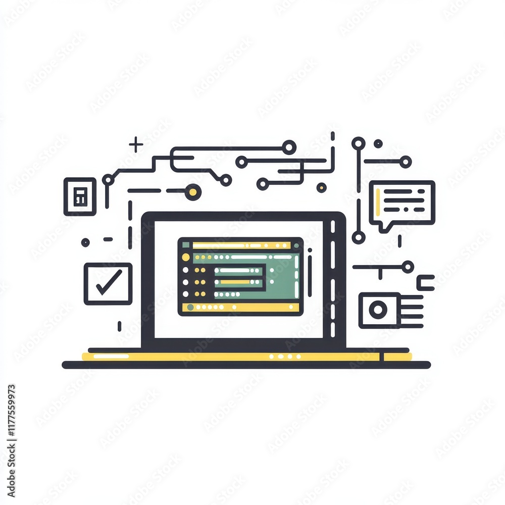 Poster illustration of a laptop displaying code with digital elements, symbolizing technology and programmi