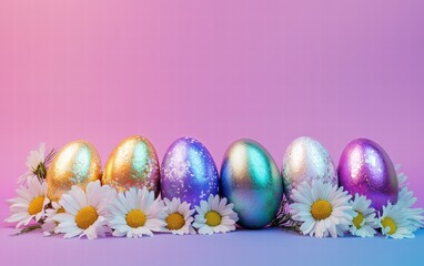 Fototapeta premium Metallic Easter eggs displayed with spring daisies on a gradient purple-to-coral background