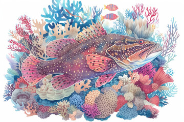 vibrant illustration of spotted grouper fish swimming among colorful coral reefs