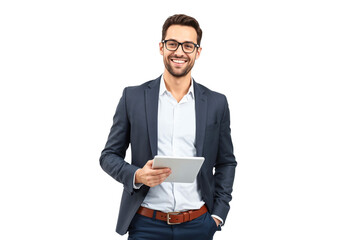 Portrait of a professional, young handsome businessman holding a tablet, isolated on transparent background