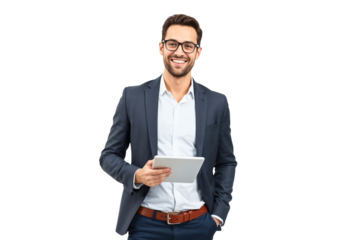Portrait of a professional, young handsome businessman holding a tablet, isolated on transparent background