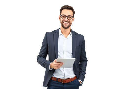 Portrait of a professional, young handsome businessman holding a tablet, isolated on transparent background