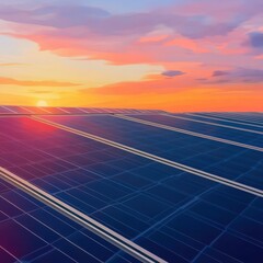 Vibrant sunset over solar panels, showcasing renewable energy and sustainability in a serene landscape.