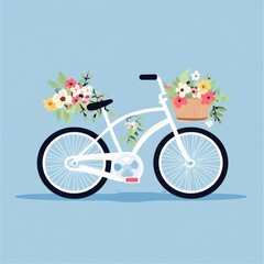 Fototapeta premium A whimsical white bicycle adorned with colorful flowers in baskets, perfect for a cheerful spring vibe.