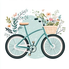 Fototapeta premium A charming illustrated bicycle adorned with a basket of flowers and greenery, embodying a serene, whimsical vibe.