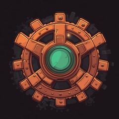 Naklejka premium Stylized orange gear with a green center on a dark background, ideal for industrial or mechanical themes.