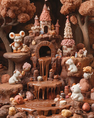 Chocolate Day: A whimsical chocolate fountain, melted chocolate instead of water, in a fantasy land, surrounded by candy trees and chocolate boulders, with playful animals enjoying the sweet treats
