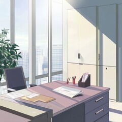 Bright and modern office space with large windows and a minimalist desk setup.
