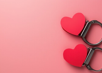 A playful image of red heart-shaped decorations attached to metallic handcuffs against a pink background, symbolizing love and restraint.