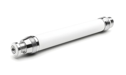 White ceramic cylinder with metallic end caps, isolated on white background.