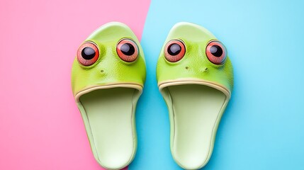 Cartoon frog light green slippers with big eyes on pink and blue background
