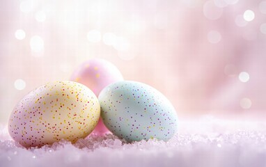 Obraz premium Softly glowing pastel Easter eggs on a light baby pink background