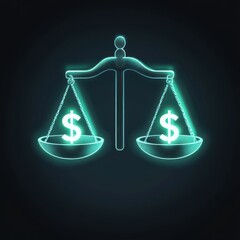A glowing digital scale balances currency symbols, representing financial justice and equity.