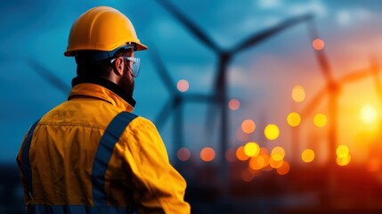 Worker in Safety Gear Observes Wind Turbines at Dusk with Beautiful Backdrop