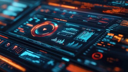 Fototapeta premium Futuristic control panel displaying manufacturing process data, featuring a prominent play button, interactive graphs, and key performance indicators, illuminated with vibrant orange and blue hues