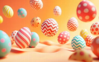 Fototapeta premium Vibrant Easter eggs in polka-dot and zigzag patterns floating on a vivid orange-to-pink gradient background