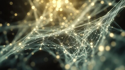 Abstract representation of interconnected lines and luminous particles creating a dynamic visual of technology and networking against a dark background