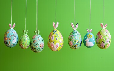 Colorful hand-painted Easter eggs with bunny designs and floral patterns, suspended on a lime green background