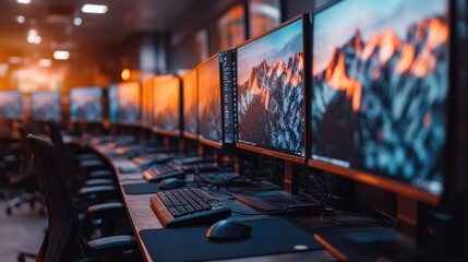 Row of computer monitors in a server room. Multiple computer screens, displaying various images.