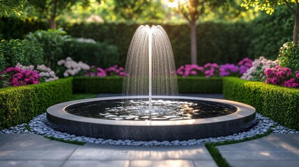 Obraz premium Serene Modern Backyard Garden with Stainless Steel Fountain on White Background