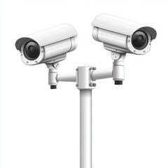 Two white surveillance cameras mounted on a pole, ensuring security and monitoring in public spaces.
