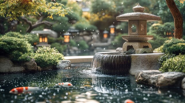 Serene Japanese Garden Oasis with Bubbling Stone Fountain and Bonsai Trees on White Background, Photorealistic Zen Landscape