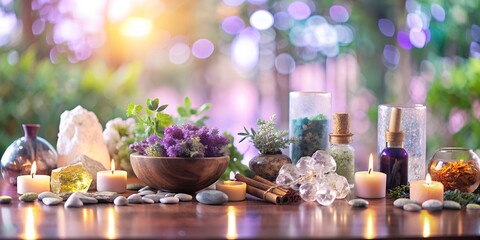 Fototapeta premium Enchanting arrangement of herbs, candles, and crystals illuminating a serene outdoor setting during golden hour