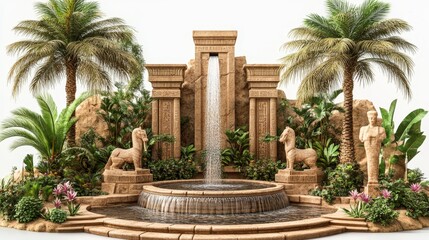 Serene Egyptian Oasis: Ancient Stone Fountain in Lush Garden Setting