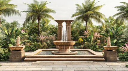 Fototapeta premium Tranquil Egyptian Oasis - Photorealistic Garden with Ancient Stone Jet Fountain, Palm Trees, Lotus Flowers, and Obelisks