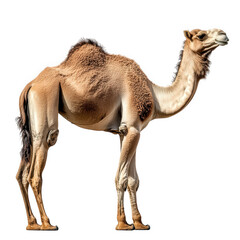 a standing camel with a distinctive hump and a long neck. showcasing its unique anatomical features the camel's fur is a light brown color. and it stands against a plain white background. emphasizing