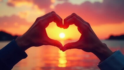Two hands create heart, capturing vibrant sunset , sun, glow