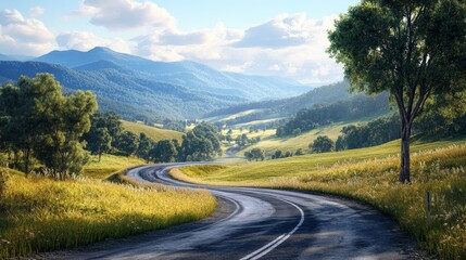 Fototapeta premium Serene Country Road Through Lush Valley - Photorealistic Landscape with Winding Curves, Tall Trees, and Clear Blue Skies on a White Background