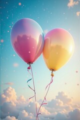 Obraz premium Two colorful gradient balloons floating against a bright sky with fluffy clouds