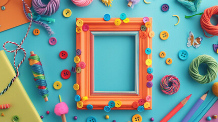 A fun and playful DIY photo frame decorated with colorful buttons, ribbons, and pom-poms, placed on a table covered with craft supplies and cheerful patterns.