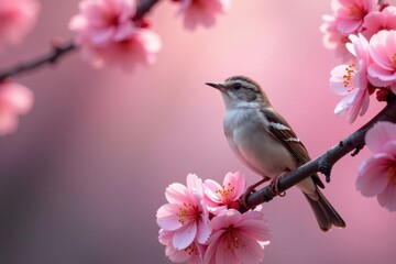 Small songbird perched amongst vibrant cherry blossoms , pink flowers, habitat, closeup