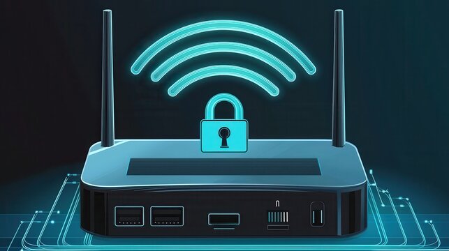 A sleek, modern router with wireless signals and a padlock symbol, representing secure internet connectivity and data protection.