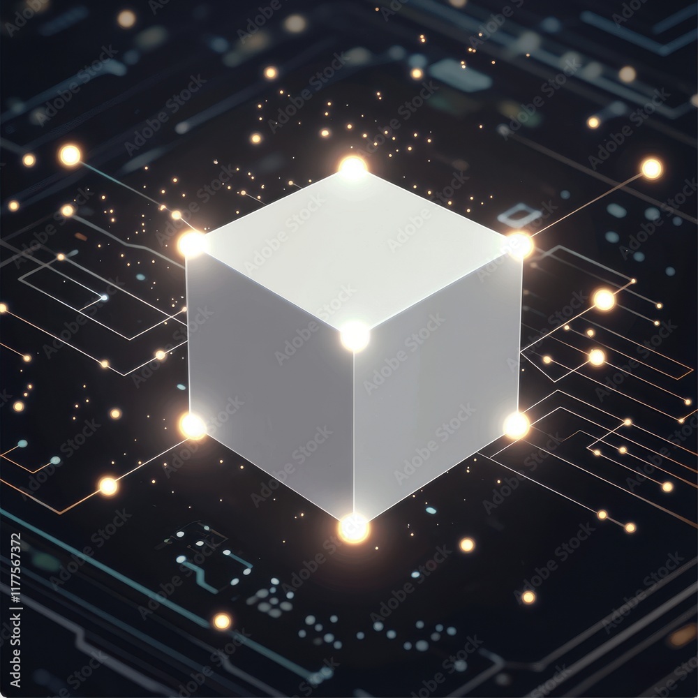 Poster abstract 3d cube with glowing edges, set against a dark, technical background filled with circuit pa