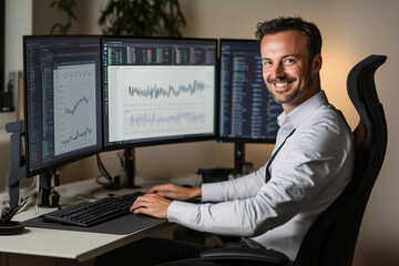 A data scientist analyzing complex datasets on a multi-monitor setup with graphs, charts, and algorithms displayed with copy space. Cool ambient light. Modern tech workspace background. 