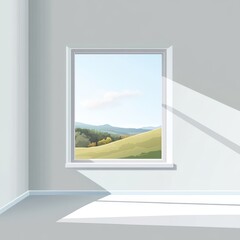 Bright and airy room with a window showcasing a serene landscape filled with rolling hills and blue skies.