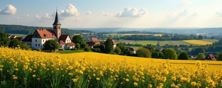Rheinsheim's picturesque setting; vibrant fields surrounding the charming village , panorama, high-angle shot, green