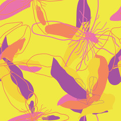 Simple floral seamless patterns in yellow. Meadow plants, leaves, leaf and large buds flowers. Vintage prints. Botanical collage in modern flat style.