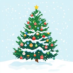 Obraz premium A vibrant decorated Christmas tree in a snowy landscape, exuding festive cheer and seasonal spirit.