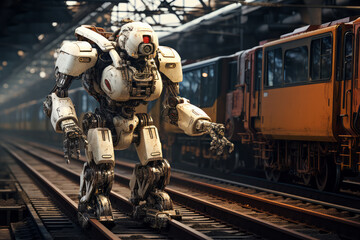 Powerful robot walking on railway tracks near a train, showcasing advanced robotics in a futuristic industrial setting
