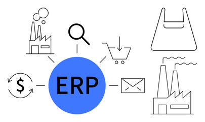 Fototapeta premium Central blue ERP circle connects to factory, magnifying glass, shopping cart, email, factory, and money icons. Ideal for business integration, resource planning, supply chain management operations