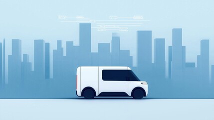 Modern Delivery Van with Urban Skyline Background in Minimalist Style