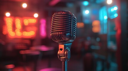 Retro microphone neon lights podcast studio vibrant colors 